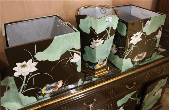 A pair of Chinese lacquered planters and an umbrella stand, planters W.38cm
